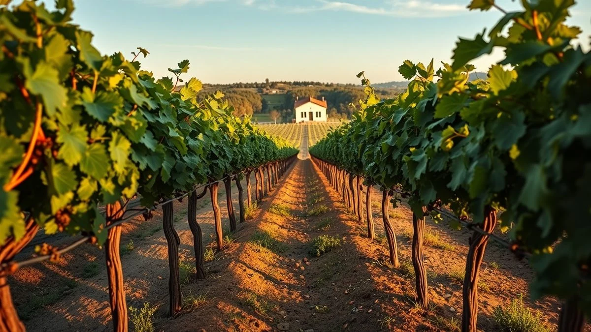 Viñedo en el Condado de Huelva con hileras de vides convergentes hacia una casa de campo al atardecer