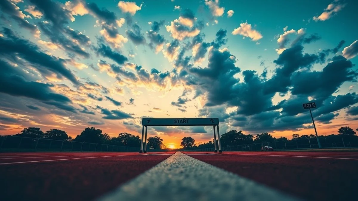 Imagen ilustrativa: un hipódromo vacío con la valla de salida al atardecer, cielo nublado dramático