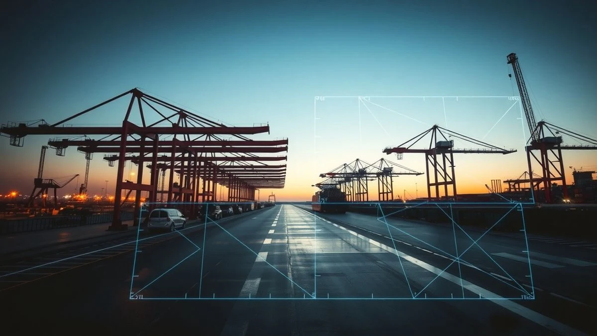 Vista de una terminal de contenedores al atardecer con un holograma de gemelo digital sobre las grúas