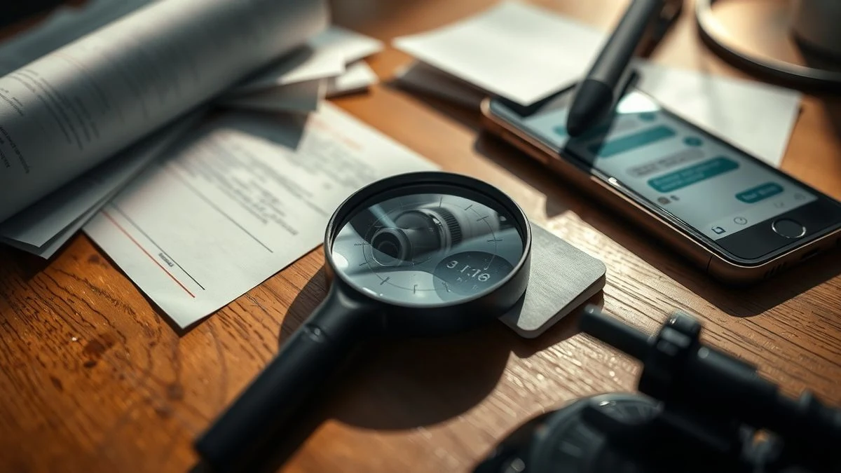 Primer plano de una lupa sobre documentos y un móvil con WhatsApp