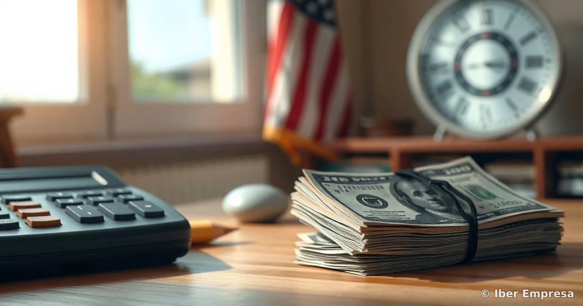 Pila de billetes de dólar y calculadora sobre escritorio de madera con luz natural