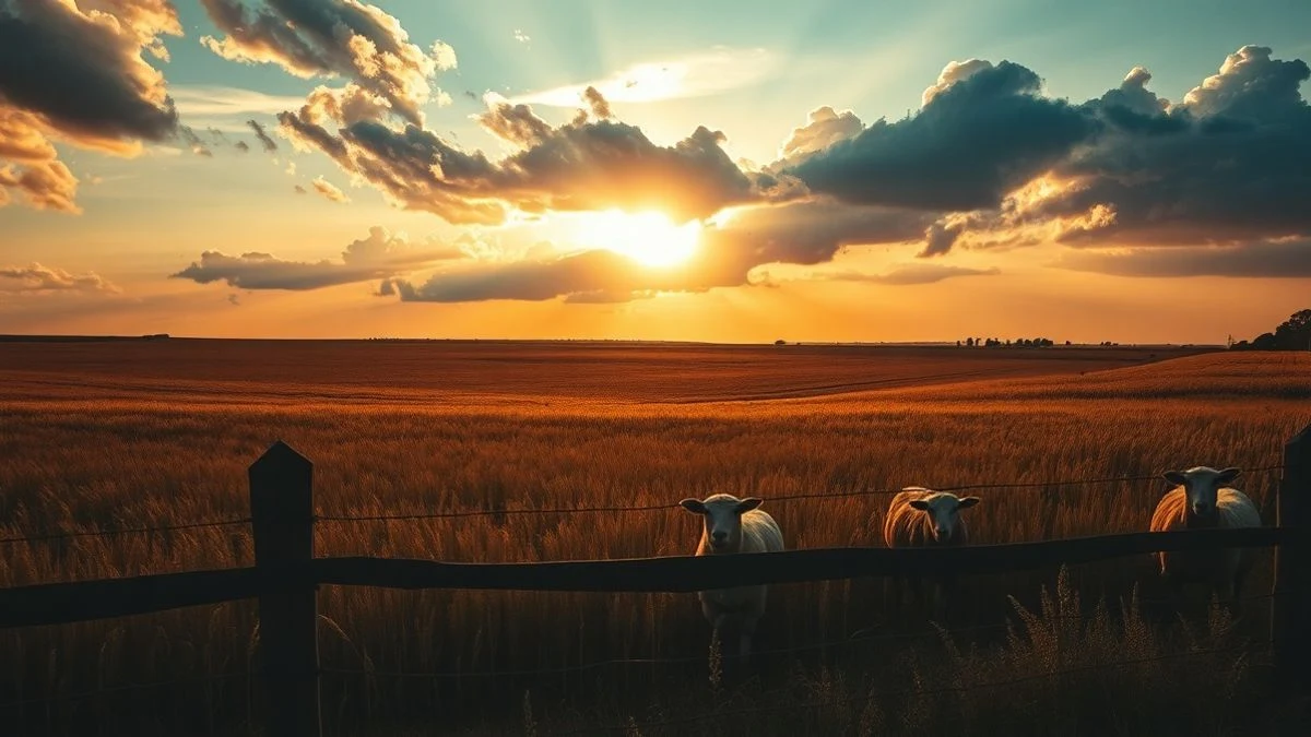 Campo de trigo con ovejas pastando al atardecer en Castilla y León