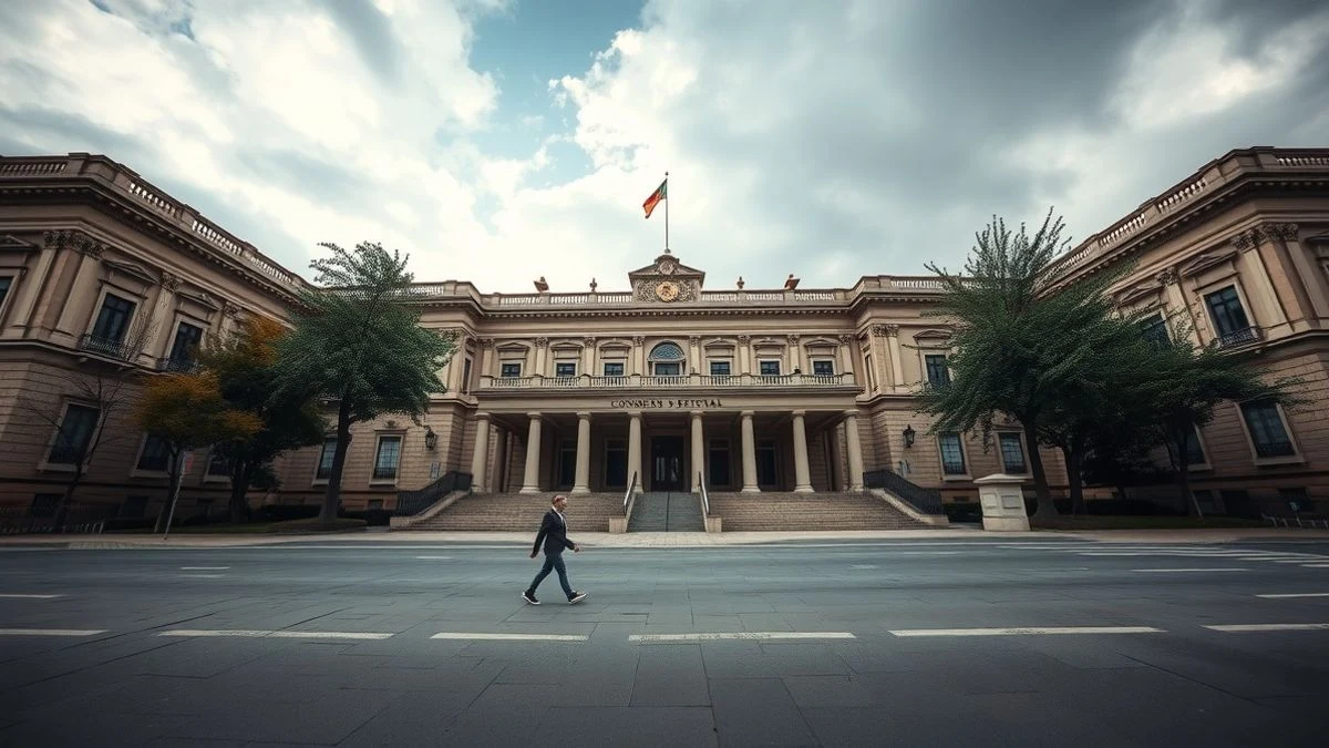 Fachada del Congreso de los Diputados en Madrid con una persona caminando de espaldas