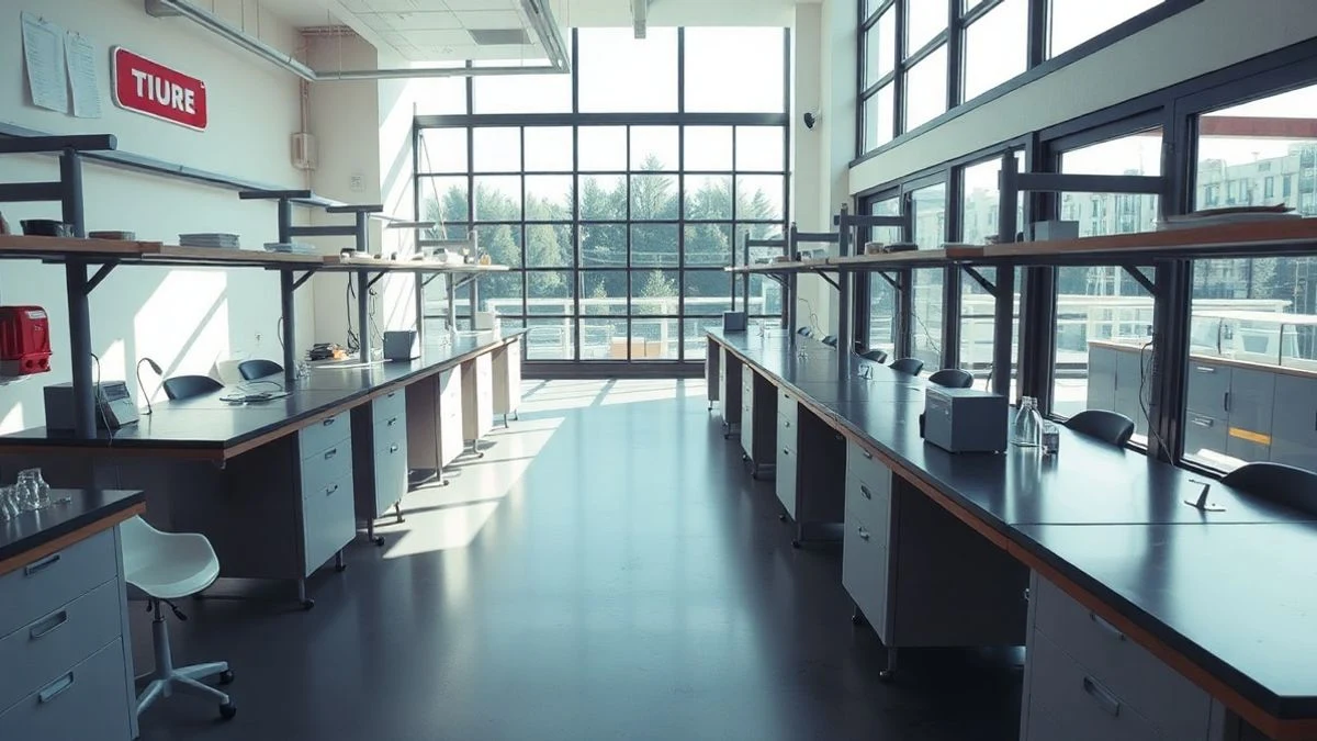 Interior de un laboratorio vacío con luz natural y equipos científicos