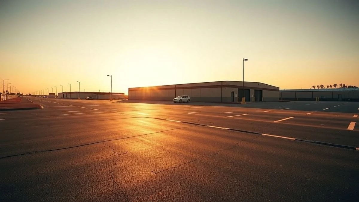 Polígono industrial vacío al atardecer con sombras largas