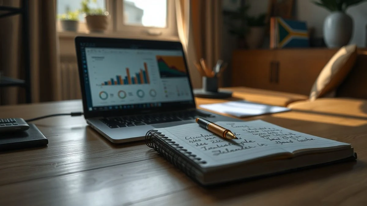 Escritorio con portátil, libreta y taza de café iluminado por luz lateral de ventana