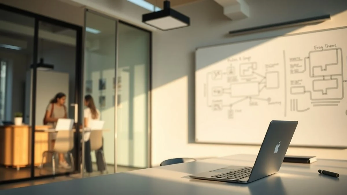 Imagen ilustrativa: un espacio de coworking vacío con luz natural, un portátil y una pizarra con diagramas al fondo.