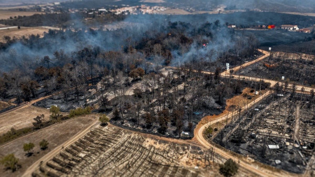 Imagen ilustrativa: vista aérea de un paisaje afectado por el cambio climático, con signos de sequía y incendios forestales, mostrando un contraste entre áreas afectadas y no afectadas.