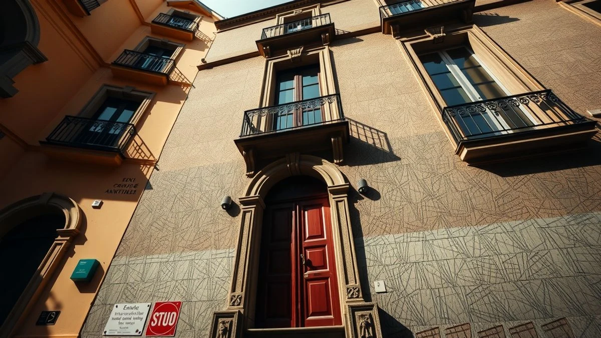 Fachada del Banco de España en Murcia vista desde un ángulo bajo con cielo azul de fondo