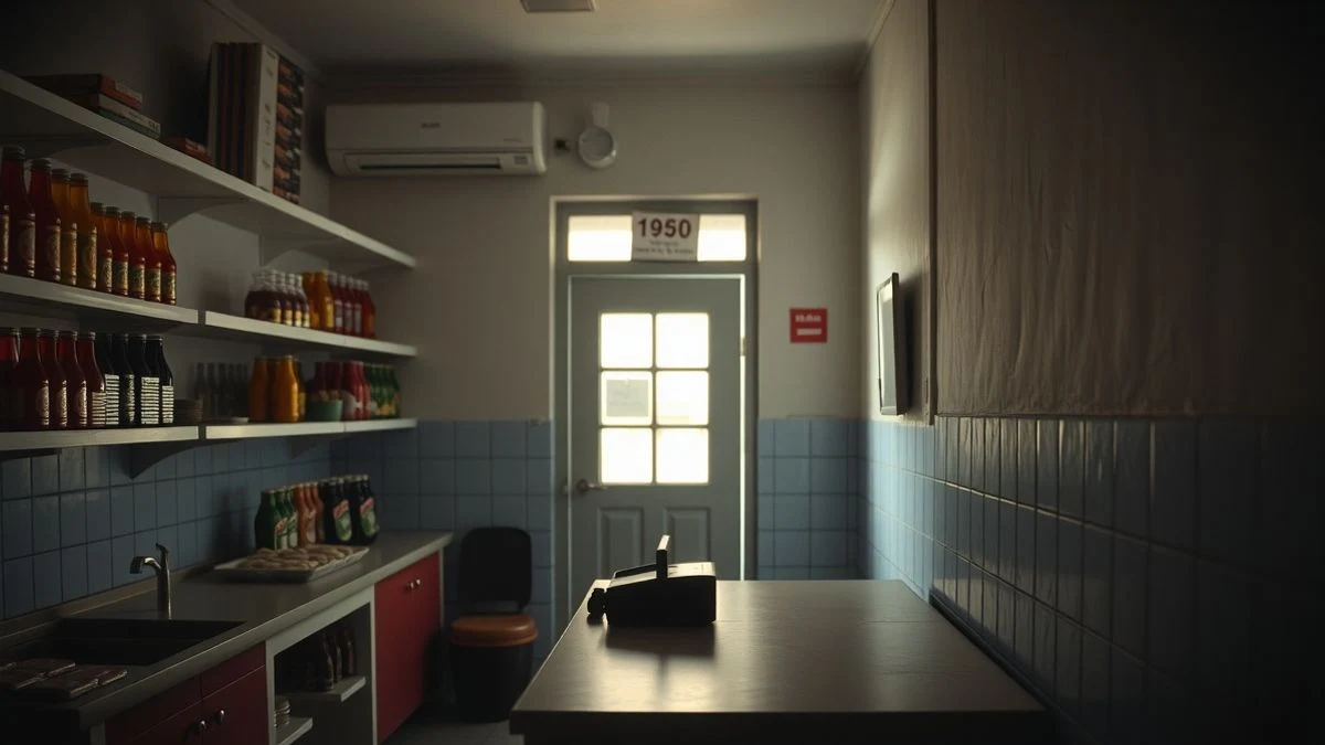 Imagen ilustrativa: interior de una tienda de abarrotes con mostrador y estanterías, vacía, con luz natural y un cuaderno sobre el mostrador.