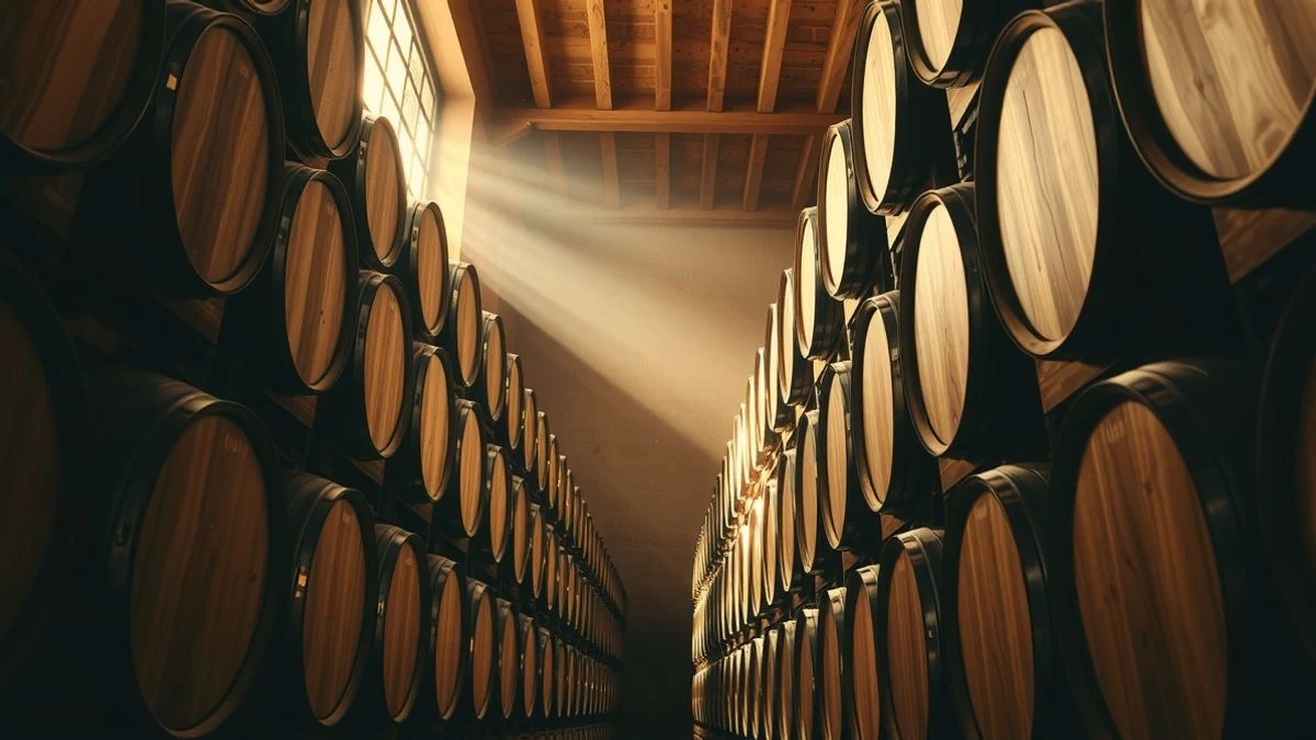 Bodega con barricas de roble apiladas en filas, luz natural tamizada, ambiente cálido