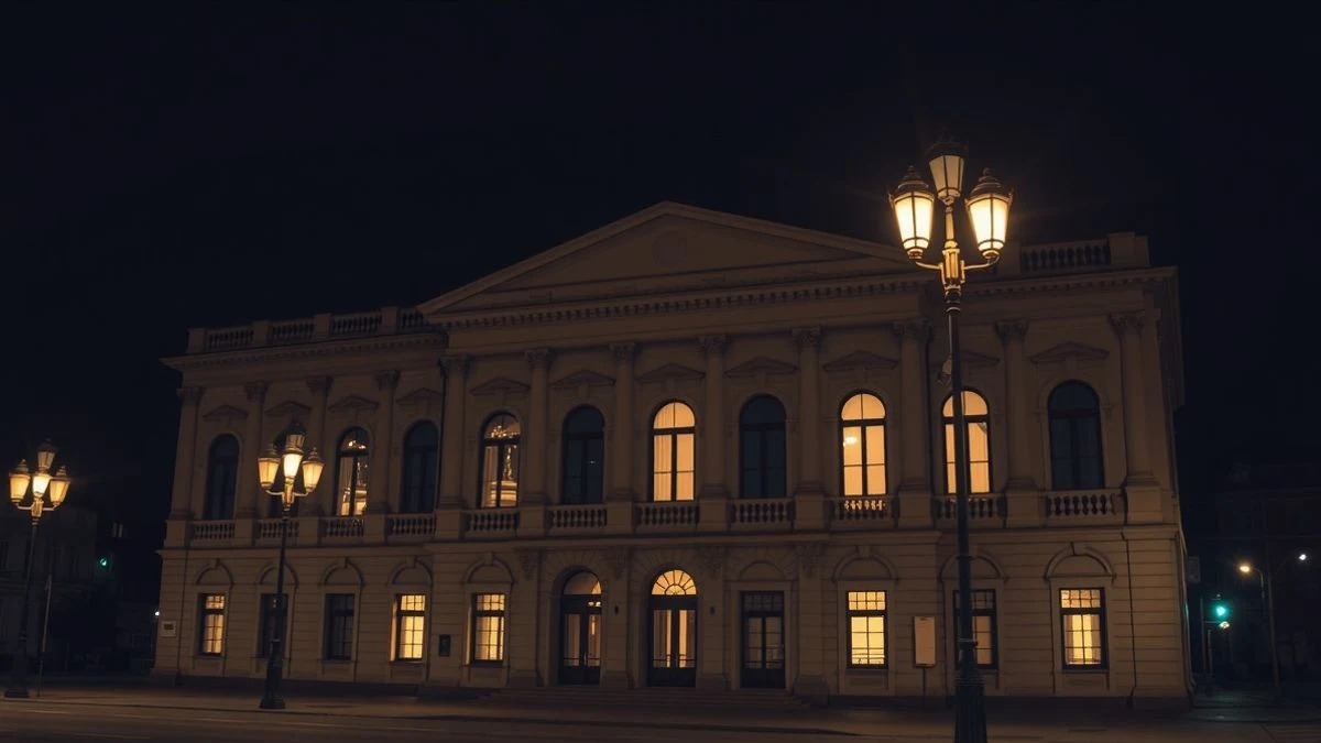 Fachada del parlamento asturiano iluminada por farolas por la noche