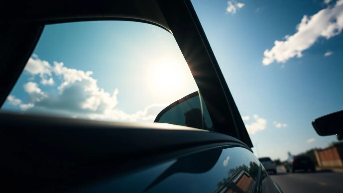 Imagen ilustrativa: ventanilla de coche abierta vista desde el suelo con el cielo de fondo
