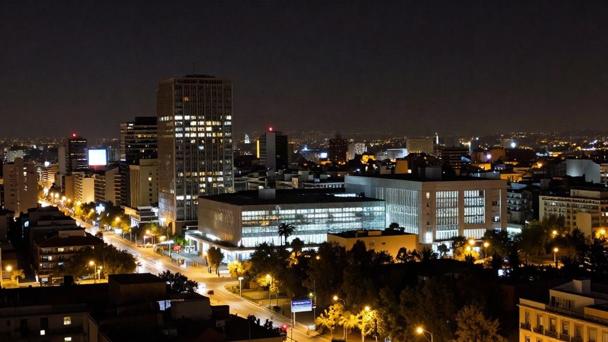 Illustrative image: view of a modern city at night illuminated with artificial lights, representing technology and infrastructure, with no people or recognizable elements.