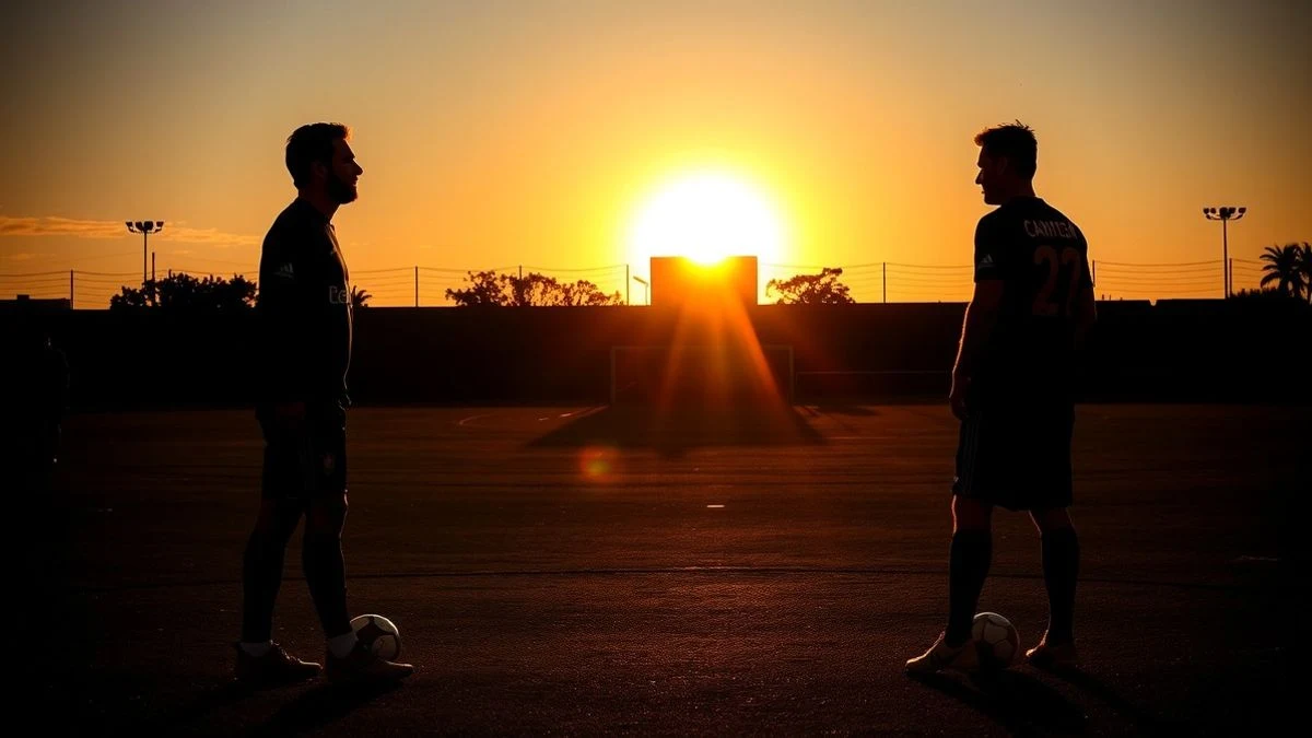 Silueta de dos futbolistas enfrentados al atardecer con el balón en el centro del campo