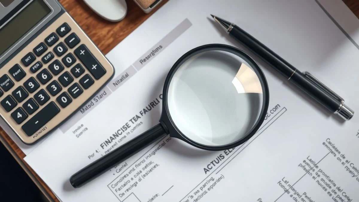 Imagen ilustrativa: vista cenital de una mesa con documentos, calculadora y lupa, representando una investigación de fraude financiero