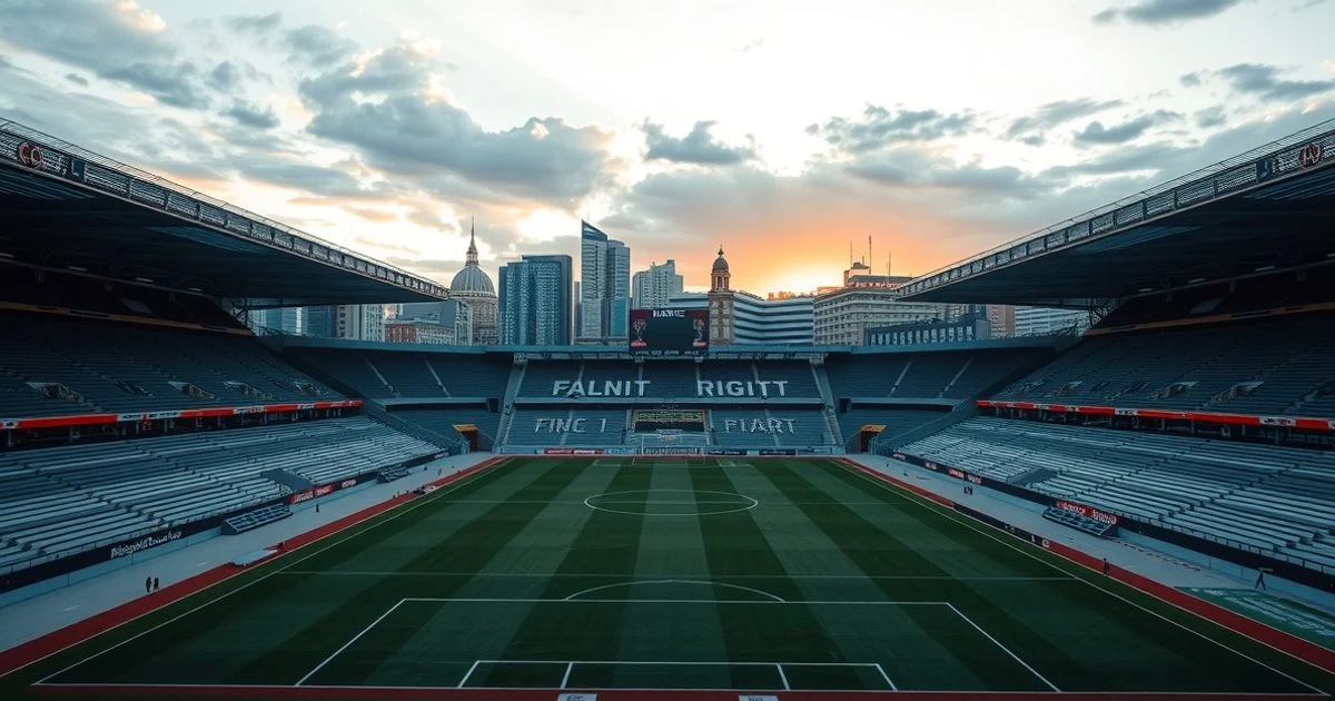 Estadio de fútbol vacío al atardecer con horizonte financiero de Madrid al fondo