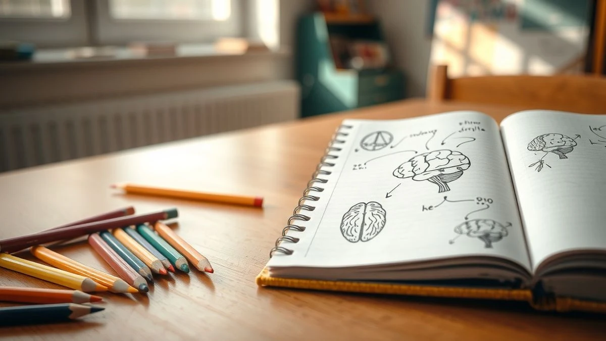 Imagen ilustrativa: un pupitre de madera con lápices de colores y un cuaderno con dibujos de un cerebro, iluminado por luz natural.