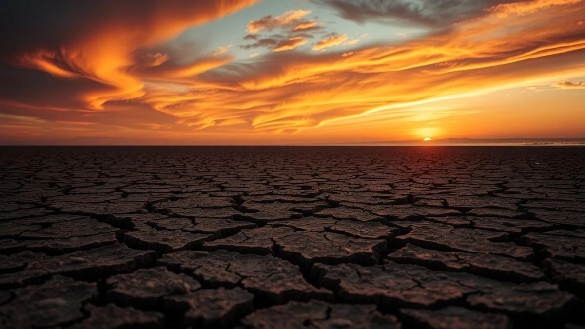 Imagen ilustrativa: lecho seco y agrietado de un antiguo lago al atardecer