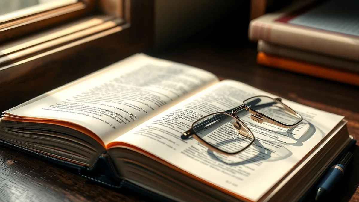 Imagen ilustrativa: un libro de leyes abierto sobre una mesa de madera, con gafas de lectura y un bolígrafo junto a él, iluminado por luz natural suave
