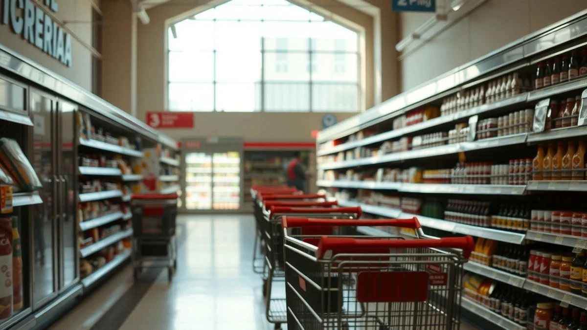 Interior de un supermercado vacío con luz natural entrando por una ventana lateral y estanterías alineadas