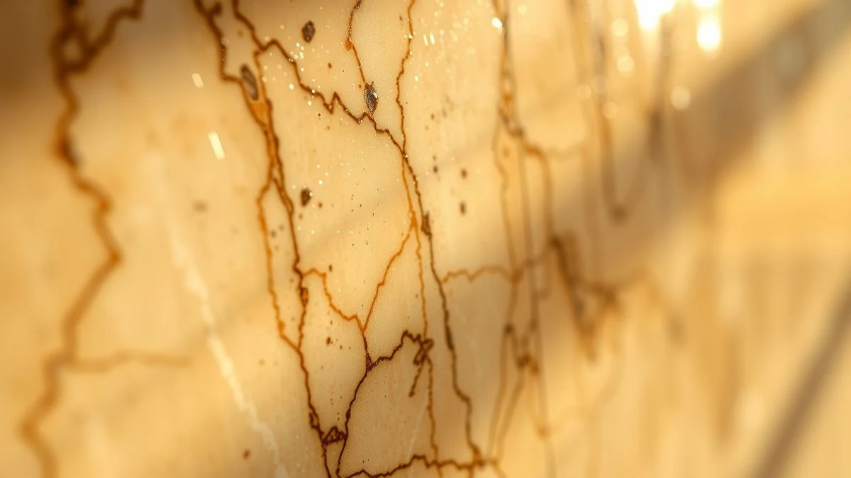 Imagen ilustrativa: detalle de una superficie de mármol pulido con reflejos dorados y sombras pronunciadas.