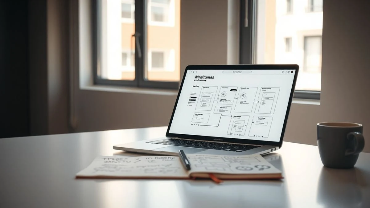 Escritorio de oficina con laptop mostrando wireframes, bloc de dibujo y taza de café, luz natural suave.