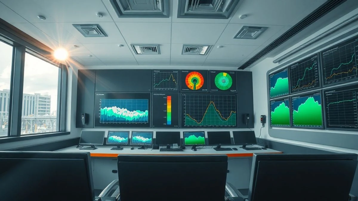 Interior de una sala de control industrial vacía con pantallas mostrando datos y gráficos, iluminada por luz natural lateral
