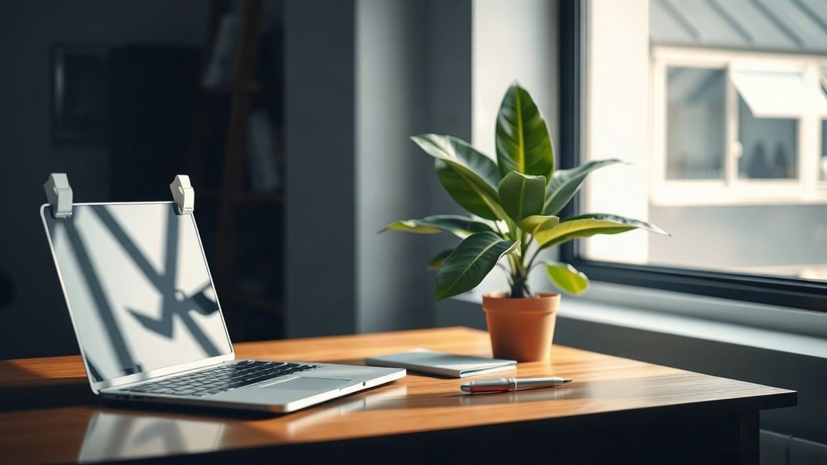 Illustrative image: office desk with laptop, notebook, and a plant by the window