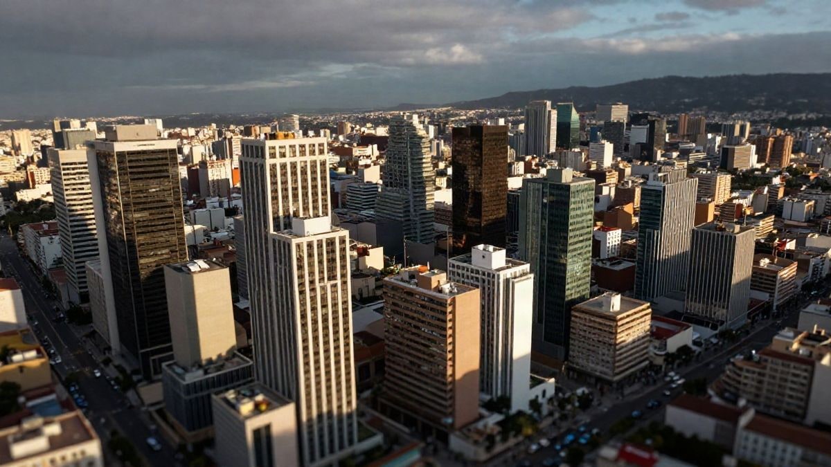Imagen ilustrativa: vista aérea de un moderno skyline urbano con edificios del distrito financiero, enfatizando el entorno dinámico del mercado bursátil.