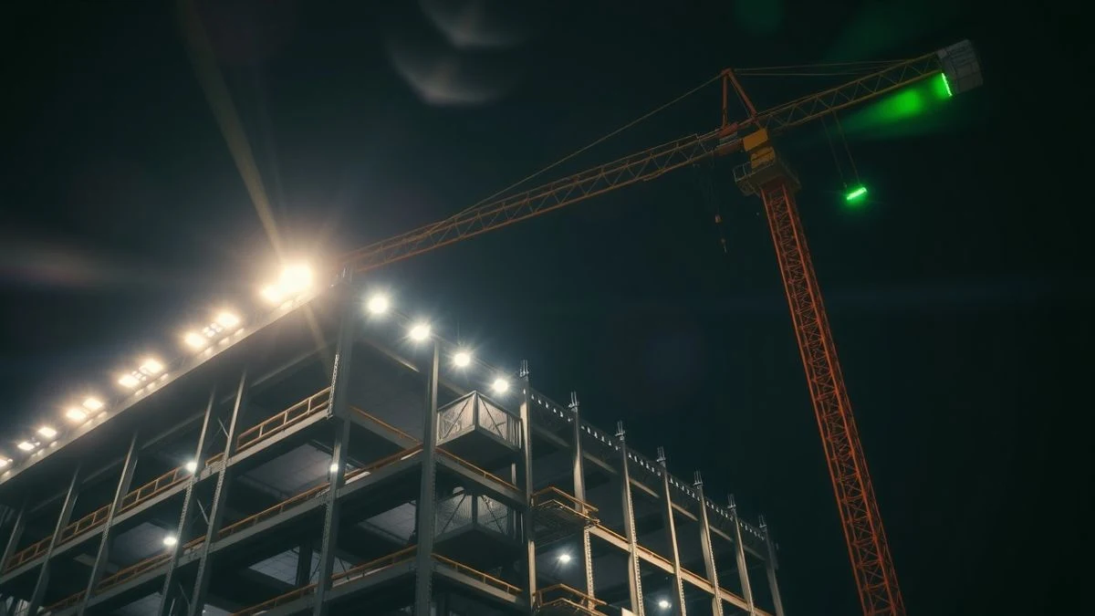 Imagen ilustrativa: una grúa y una estructura metálica iluminadas por focos durante la construcción nocturna de un edificio industrial.