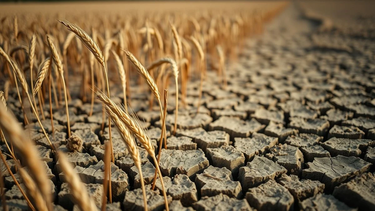 Campo de cereal seco y agrietado con una espiga marchita en primer plano al atardecer.
