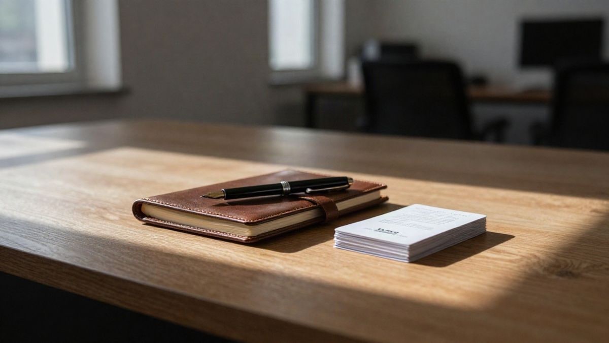Imagen ilustrativa: detalle de una mesa de madera con cuaderno y bolígrafo en un entorno de oficina