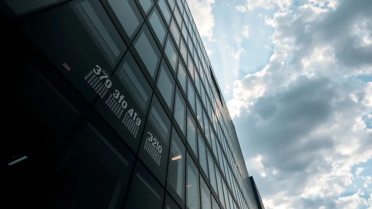 Ángulo bajo de un edificio de oficinas moderno con reflejos digitales bursátiles en la fachada acristalada, cielo nublado de fondo.