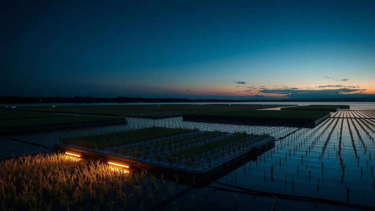 Cancha flotante de fútbol iluminada sobre el lago de Chapala al atardecer