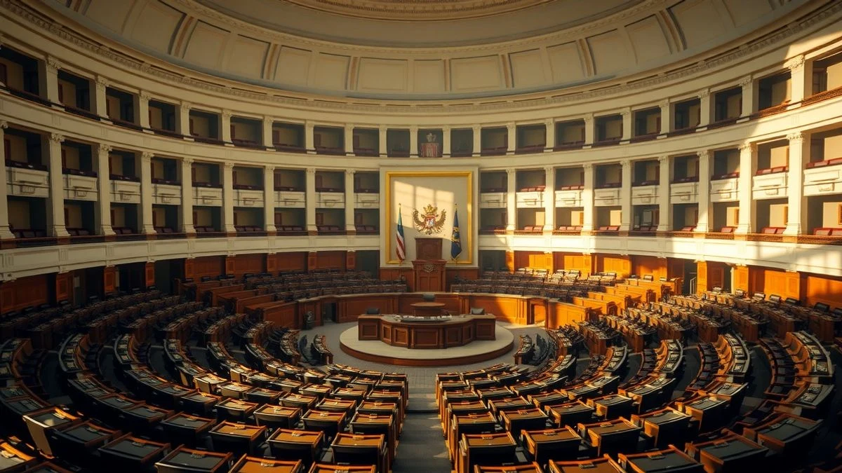 Vista del hemiciclo vacío del Congreso de los Diputados en Madrid, con los escaños y la tribuna de oradores
