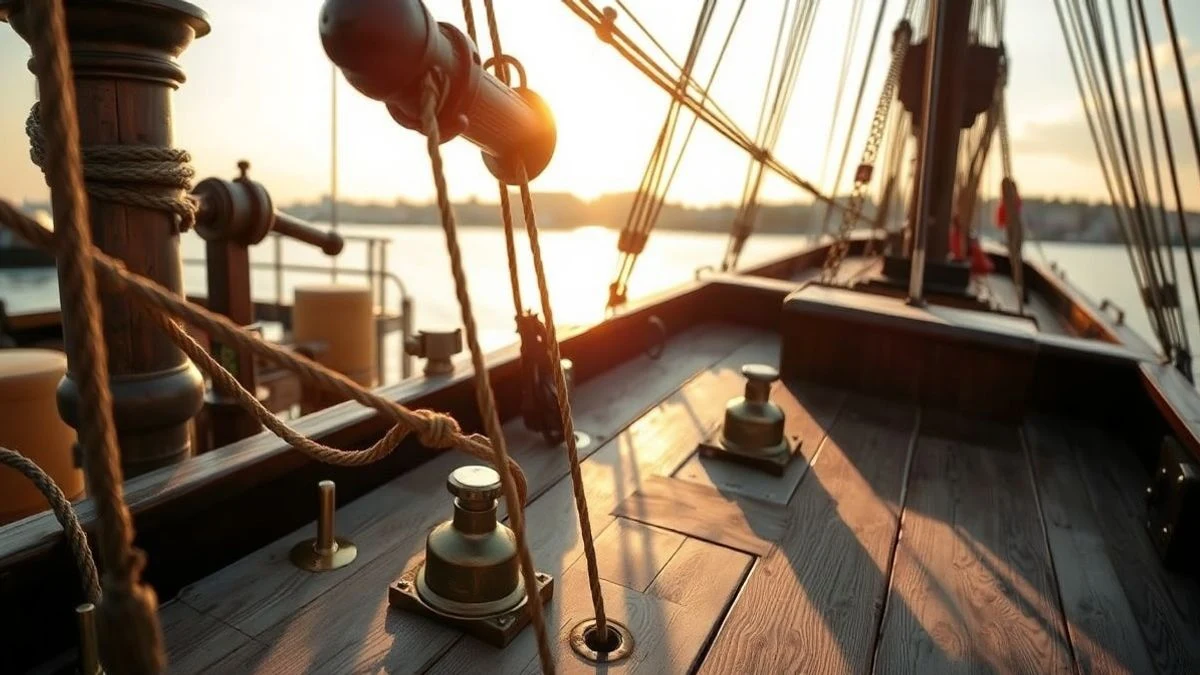 Imagen ilustrativa: detalle de la cubierta de madera de un barco histórico con aparejos y herrajes de latón, iluminada por la luz del atardecer junto a un río.