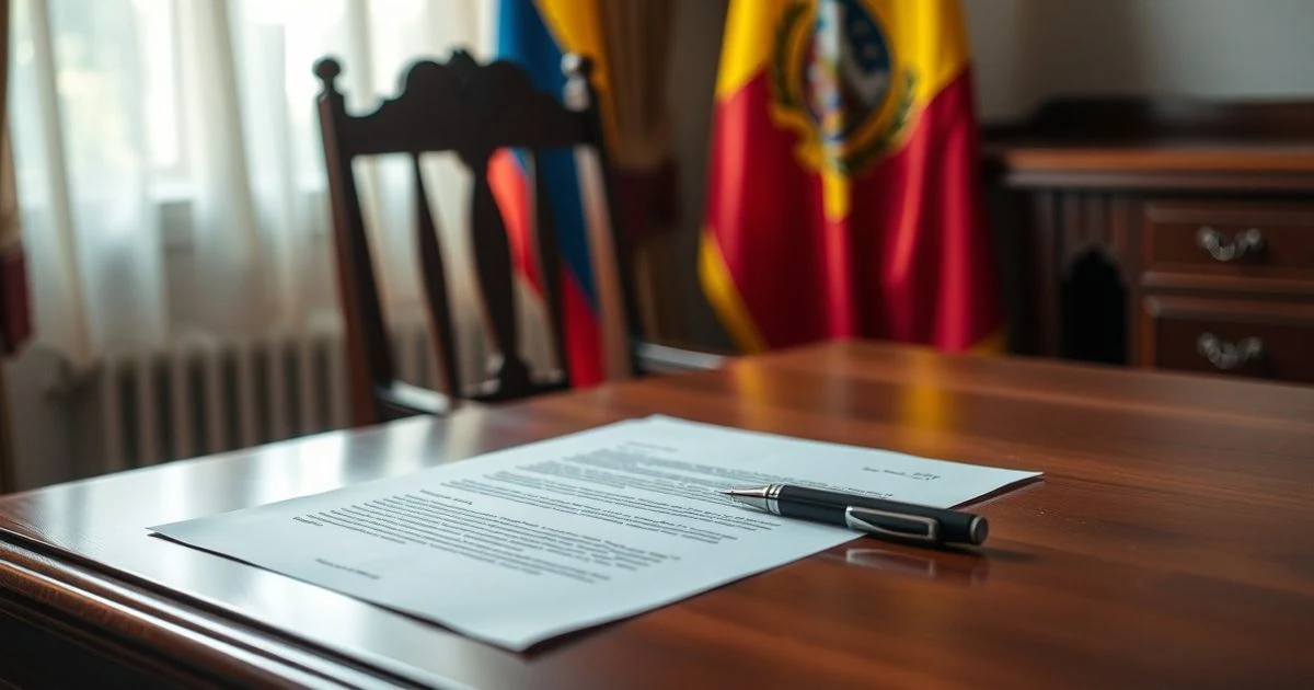 Carta sobre un escritorio de madera con una pluma y una bandera colombiana al fondo