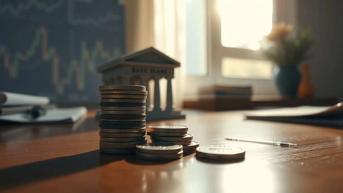 Imagen ilustrativa: monedas apiladas junto a una maqueta de banco sobre una mesa de madera, con luz natural y fondo desenfocado de gráficos financieros.