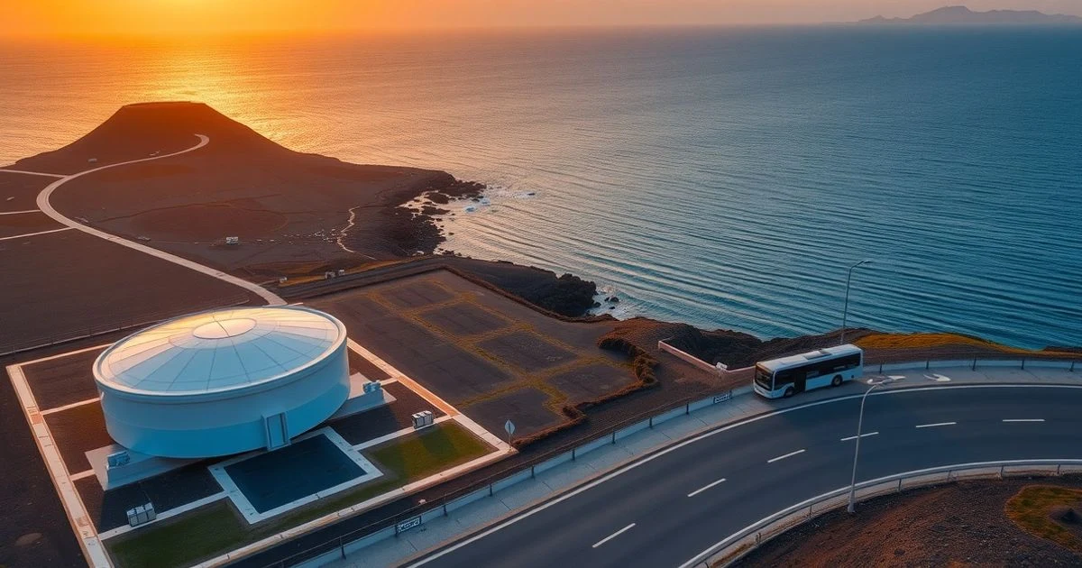 Vista aérea de la costa de Lanzarote con una planta de tratamiento de aguas y una parada de autobús vacía al atardecer