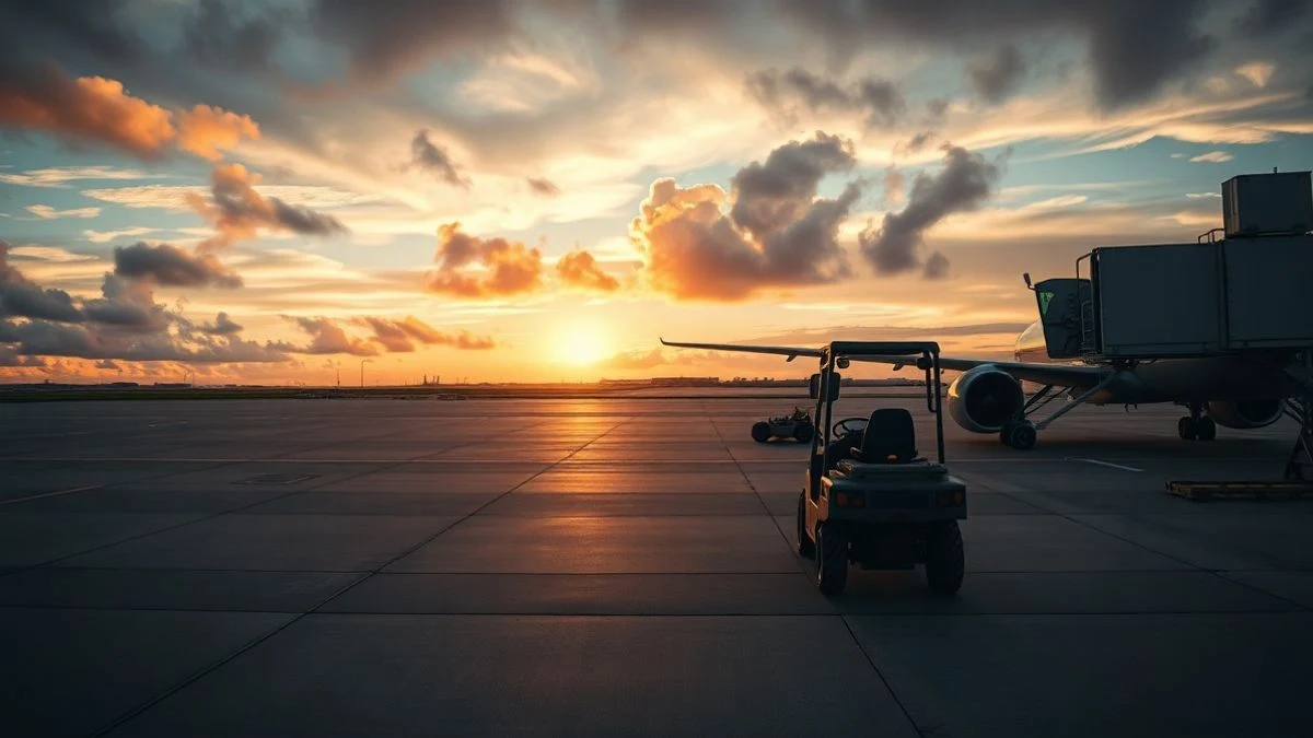 Imagen ilustrativa: un tractor eléctrico genérico en una plataforma aeroportuaria vacía al atardecer