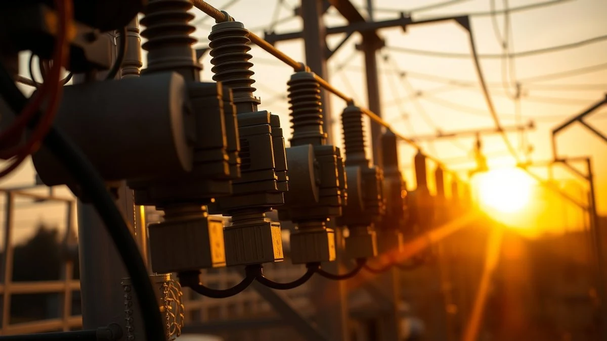 Primer plano macro de una estación transformadora eléctrica al atardecer, con cables y aisladores nítidos