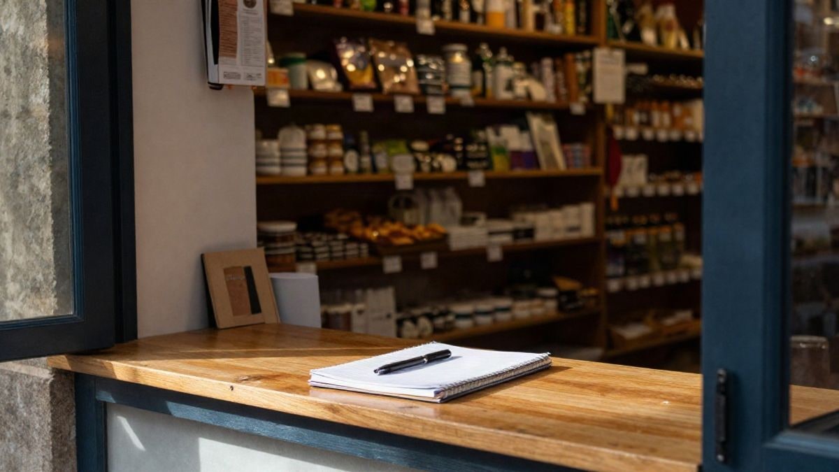 Illustrative image: interior of a small shop with side lighting and a wooden counter