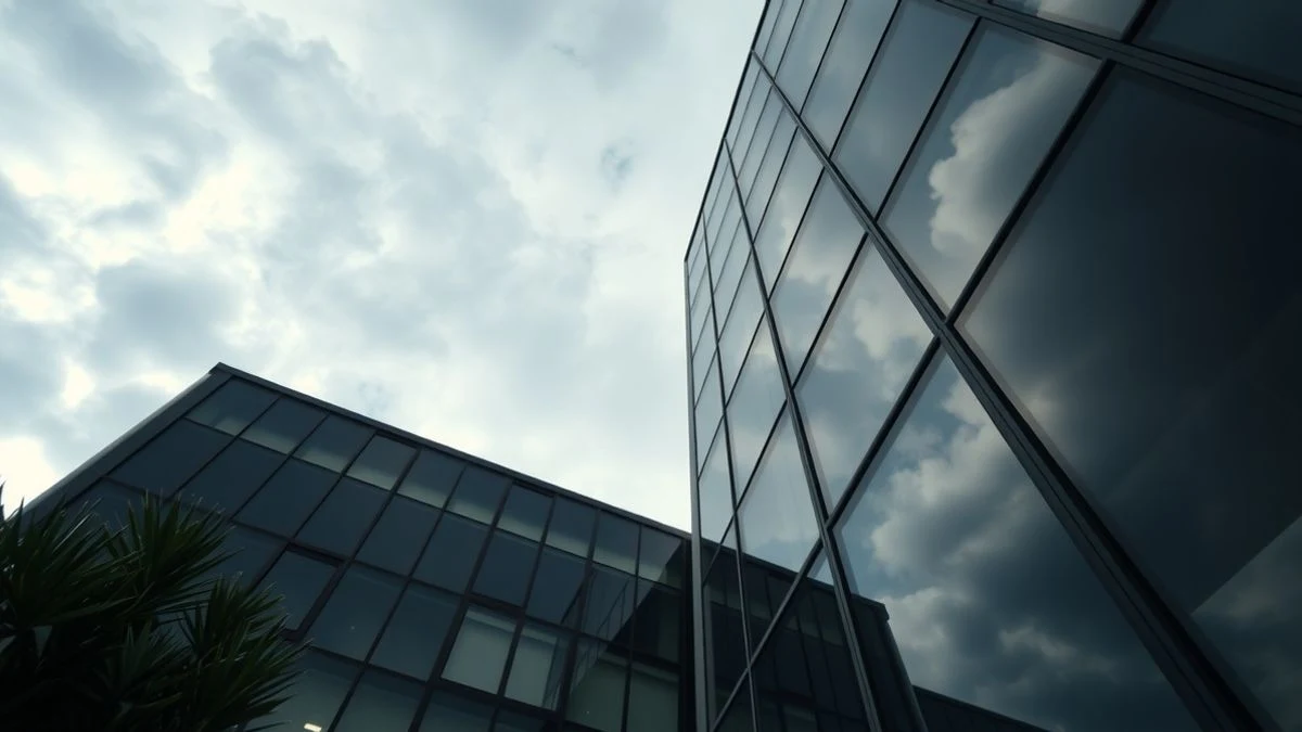 Fachada de un edificio de oficinas moderno con ventanas de cristal reflectante y cielo nublado