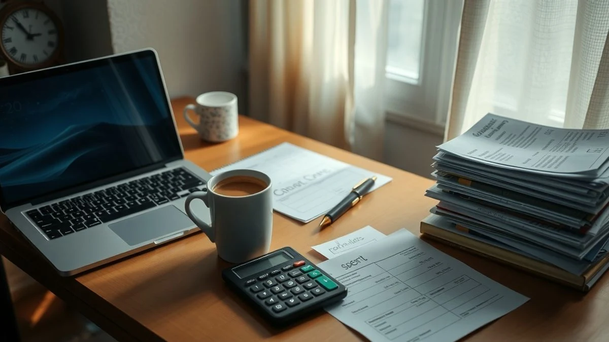 Escritorio de oficina en casa con ordenador portátil, calculadora y recibos, iluminado por luz natural de ventana lateral