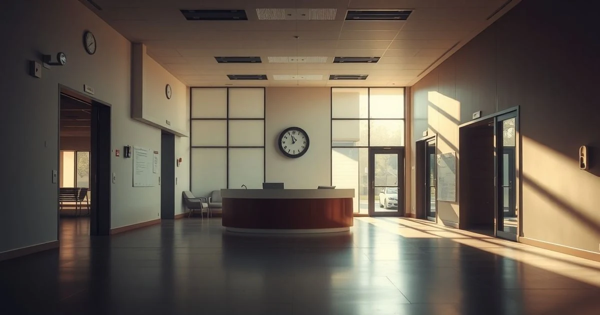 Vestíbulo vacío de oficinas con mostrador de recepción y reloj de pared