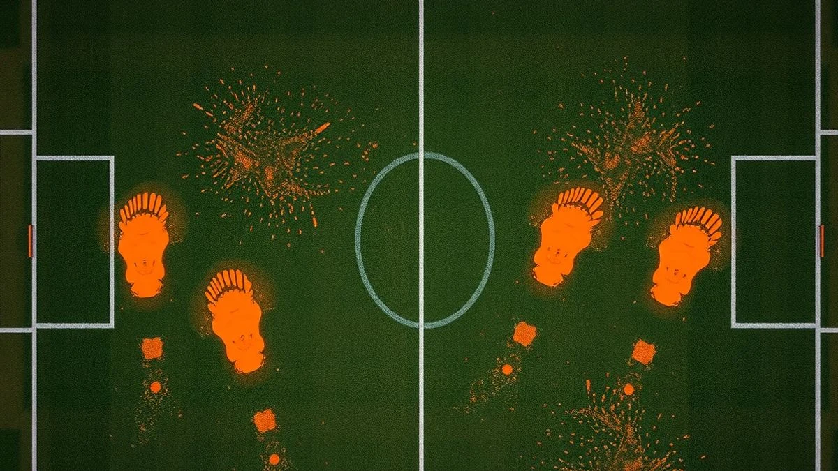 Imagen ilustrativa: vista cenital de un campo de fútbol con marcas de polvo naranja en el césped.