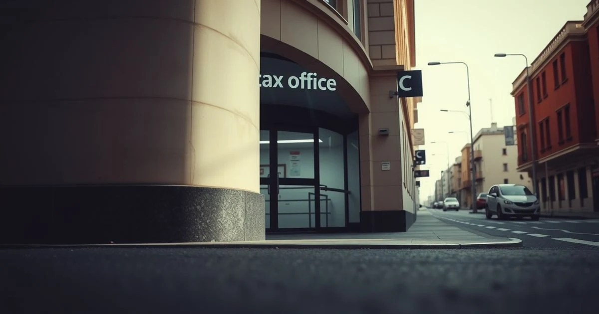 Fachada de una oficina de la Agencia Tributaria en España, con luz sombría y sin personas.