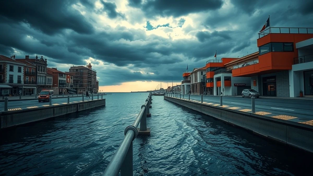 Imagen ilustrativa: paseo marítimo con barreras contra inundaciones bajo un cielo tormentoso