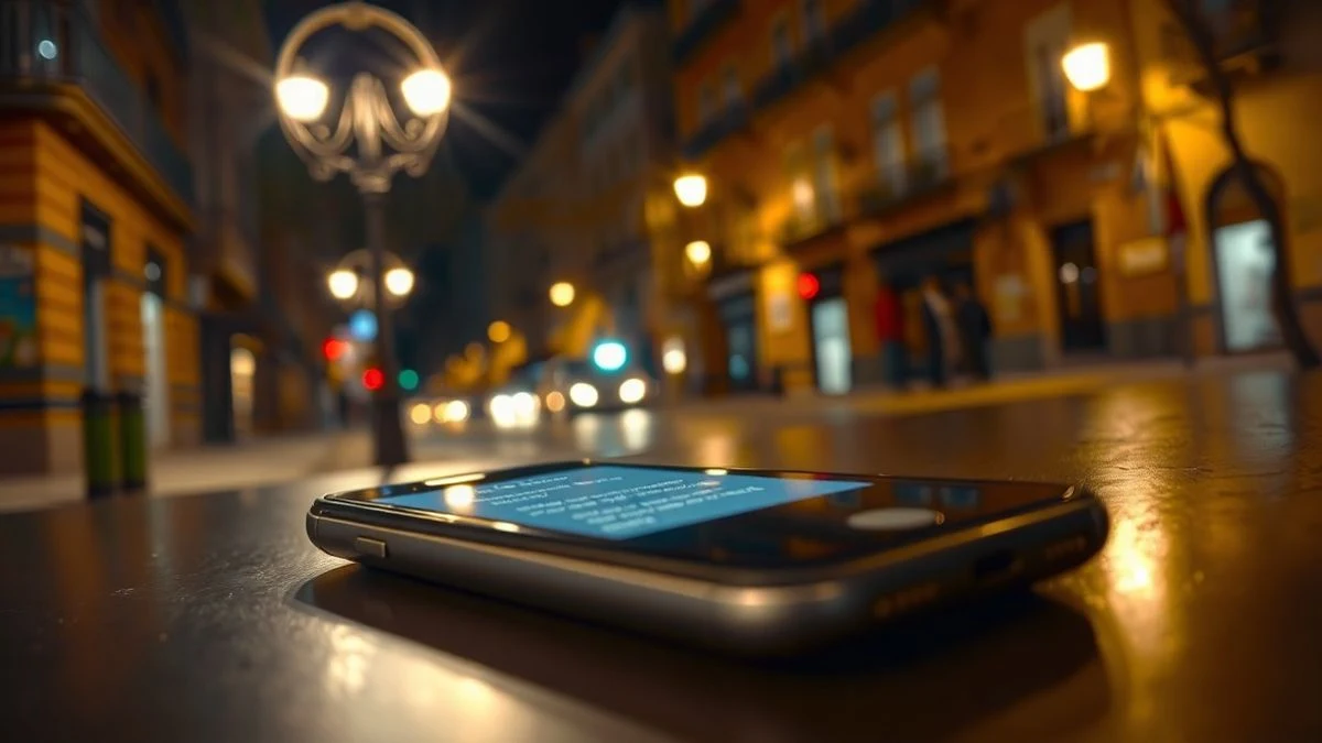 Smartphone sobre una mesa iluminado por una farola, mostrando un código SMS, con un edificio residencial borroso al fondo.